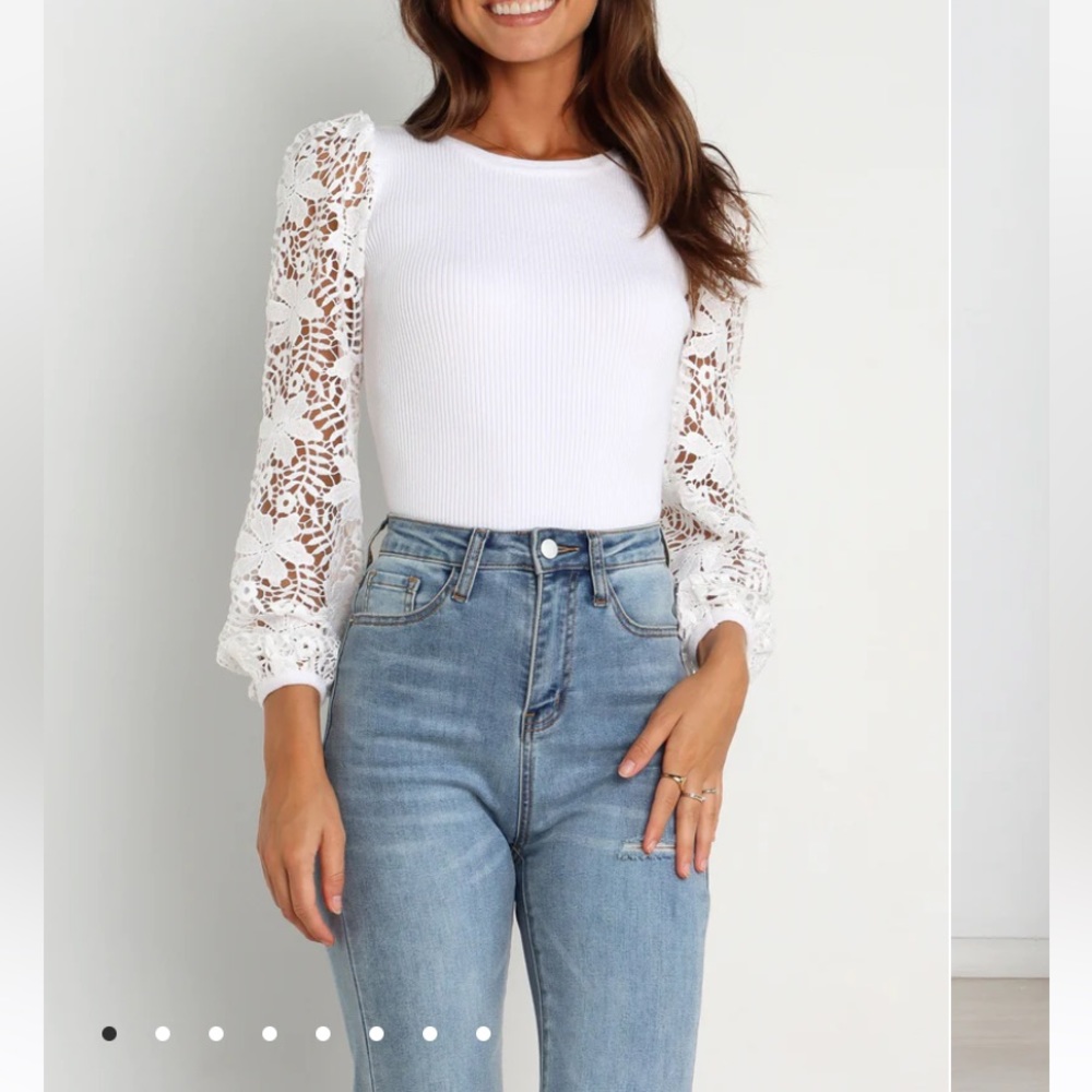 White Petal and Pup White shirt with lace sleeves